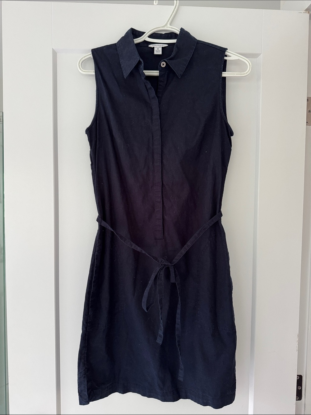 Sleeveless Collared Navy Linen Tie-Waist Dress
